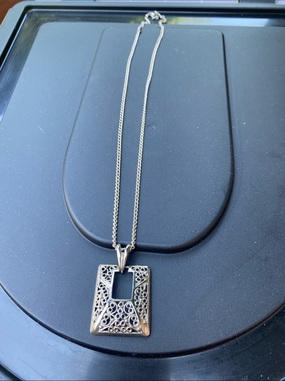 Silver tone Filigree Square Pendant Necklace